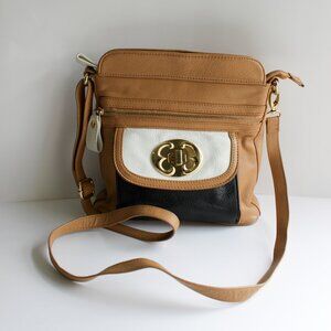 Emma Fox Tan Leather Shoulder Bag Navy White Accents Adjustable Strap